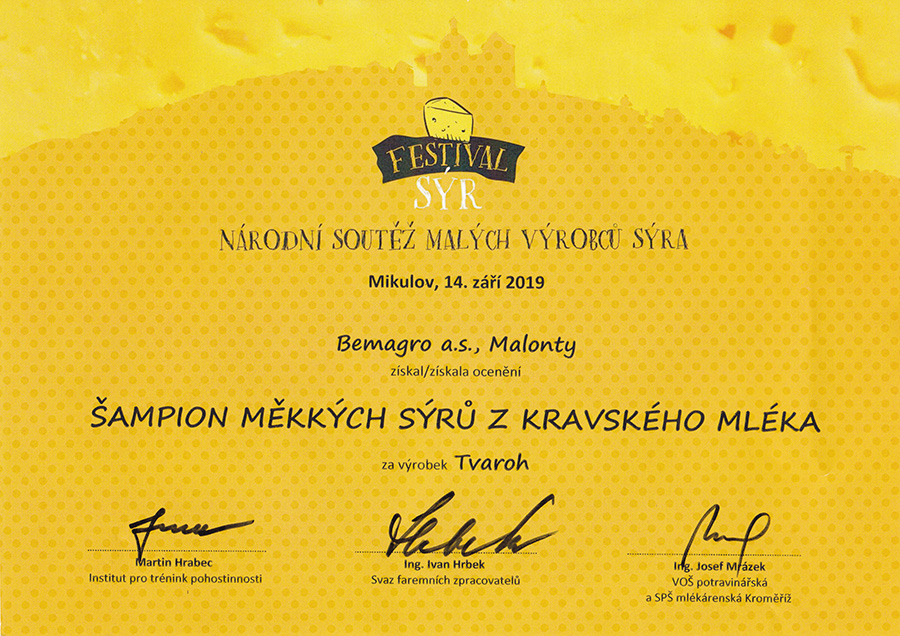 Diplom - Šampion měkkých sýrů z kravského mléka